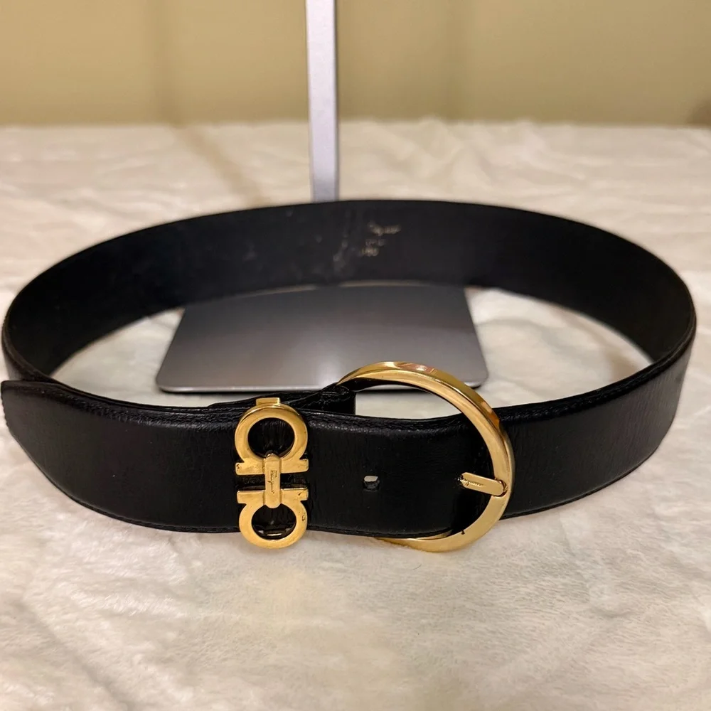 Salvatore Ferragamo Black Leather Belt with Gold Gancini Buckle